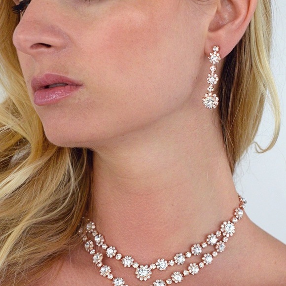 Rose Gold ✨ Two Row Rhinestone 💎Necklace & Earrings Set LuxFashionGalleria.com - Picture 6 of 6